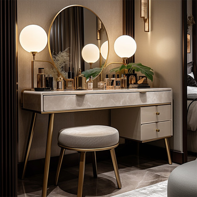 轻奢梳妆台卧室现代简约2023年新款奶油风小户型化妆桌收纳柜一体